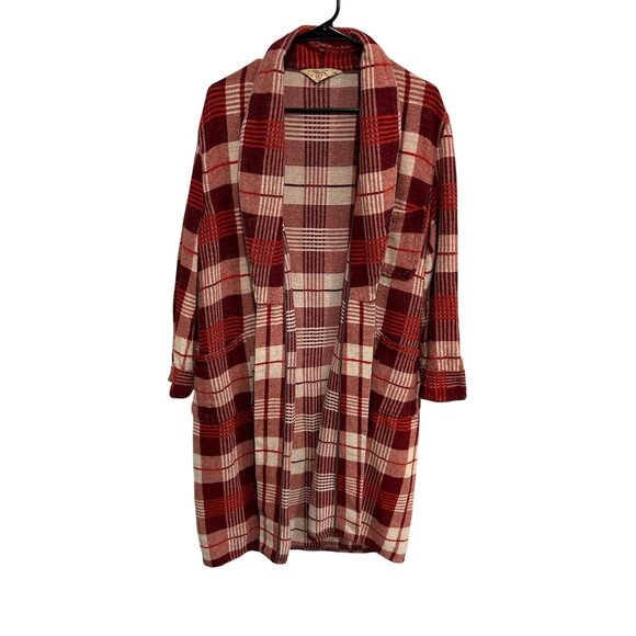 Vintage Sears Genuine Beacon Plaid Red Beige Long Open Front Robe - Picture 1 of 8